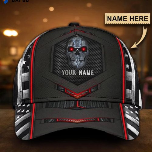 Skull Gifts Red Skull Us Flag Personalized Name Classic Cap