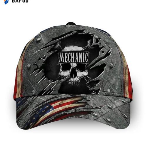 Skull Mechanic U.S Flag Hat 3D Printed Vintage Mens Classic Cap For Mechanic Dad Gift Idea