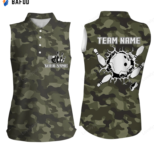 3D Full Printed Bowling Sleeveless Polo Shirts For Women Custom Bowling Ball And Pins Green Camo Bowling Team