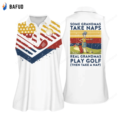 Womens sleeveless polo shirt, custom name for the love of the game leopard pattern golf shirts Golf American Flag Some Grandmas Take Naps Real Grandmas Play Golf Sleeveless Polo Shirt