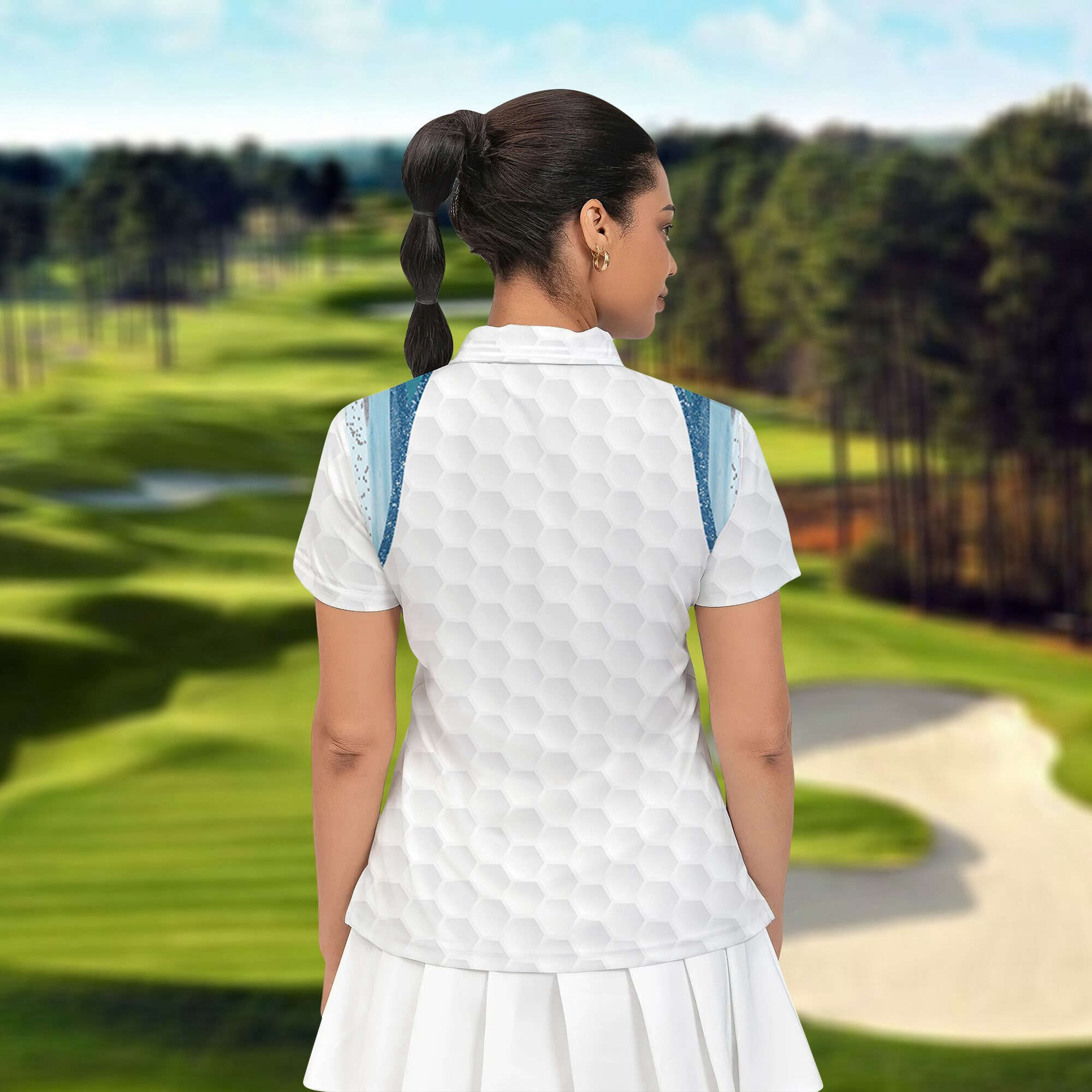 Golf Girl Blue Ocean Polo Shirt,  Glitter Blue Pattern Shirt, Women Polo Shirt