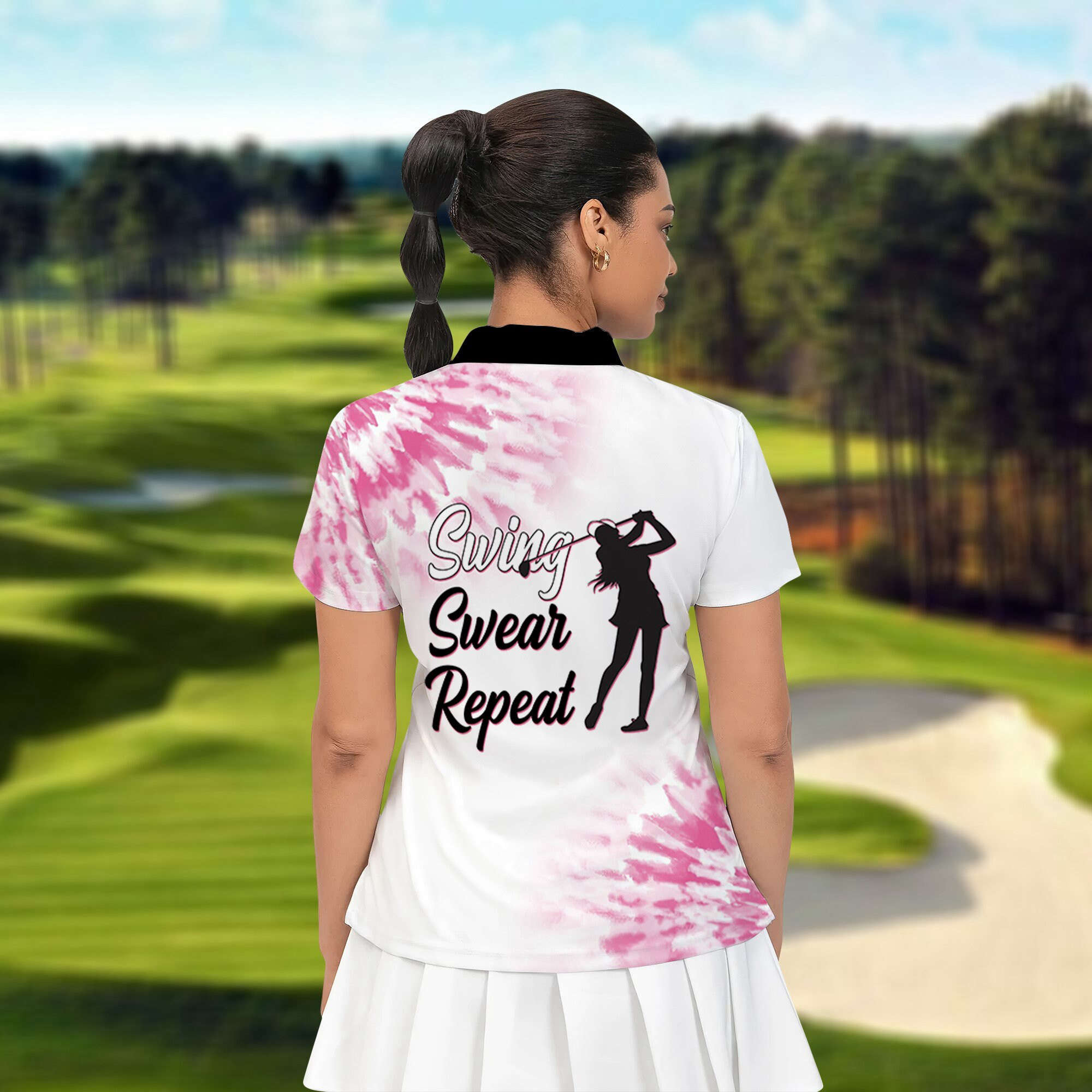 Golf Pink Women Polo Shirt, Swing Swear Repeat Shirt, Golf Lover Shirt, Women Polo Shirt