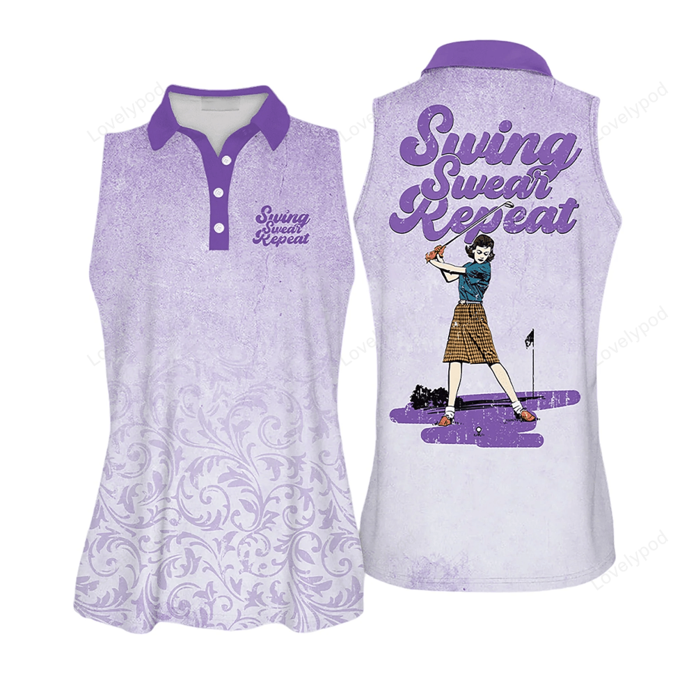 Multicolor Pattern Golf Vintage Swing Swear Repeat Golfer Gift Sleeveless Polo Shirt Polo Shirt