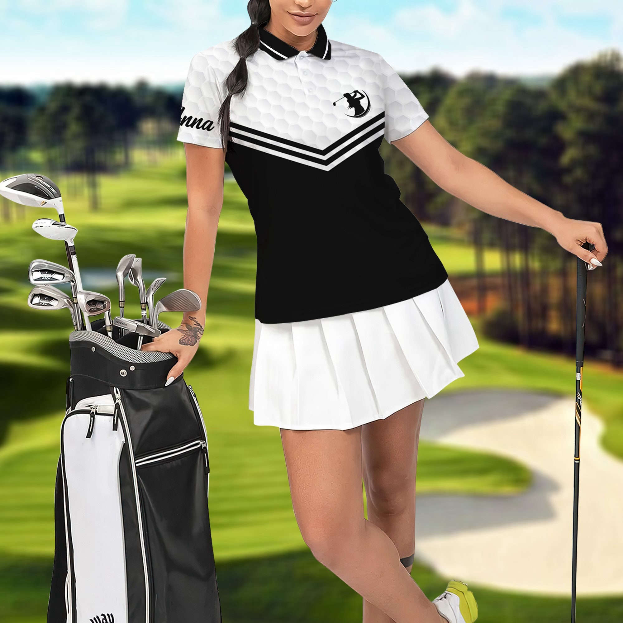 Swing Swear Repeat Women Polo Shirt, Goft Girl Polo Shirt, Black And White Golf Shirt