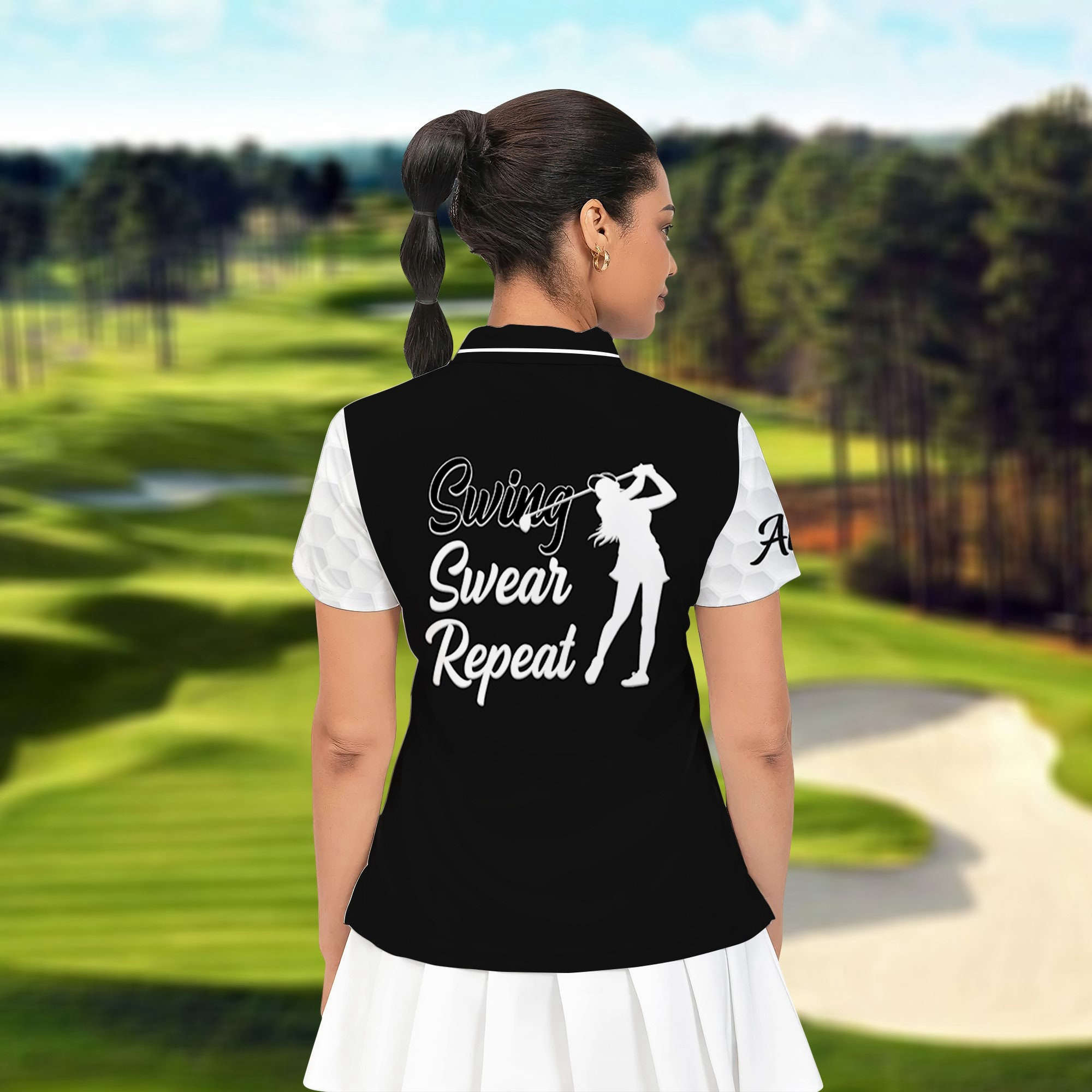 Swing Swear Repeat Women Polo Shirt, Goft Girl Polo Shirt, Black And White Golf Shirt