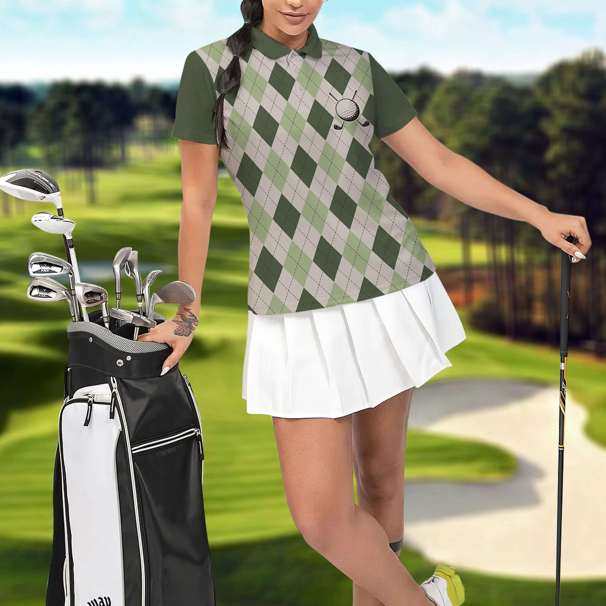 Women Green Argyle Polo Shirt, Women Polo Shirt,  Golf Shirt For Ladies