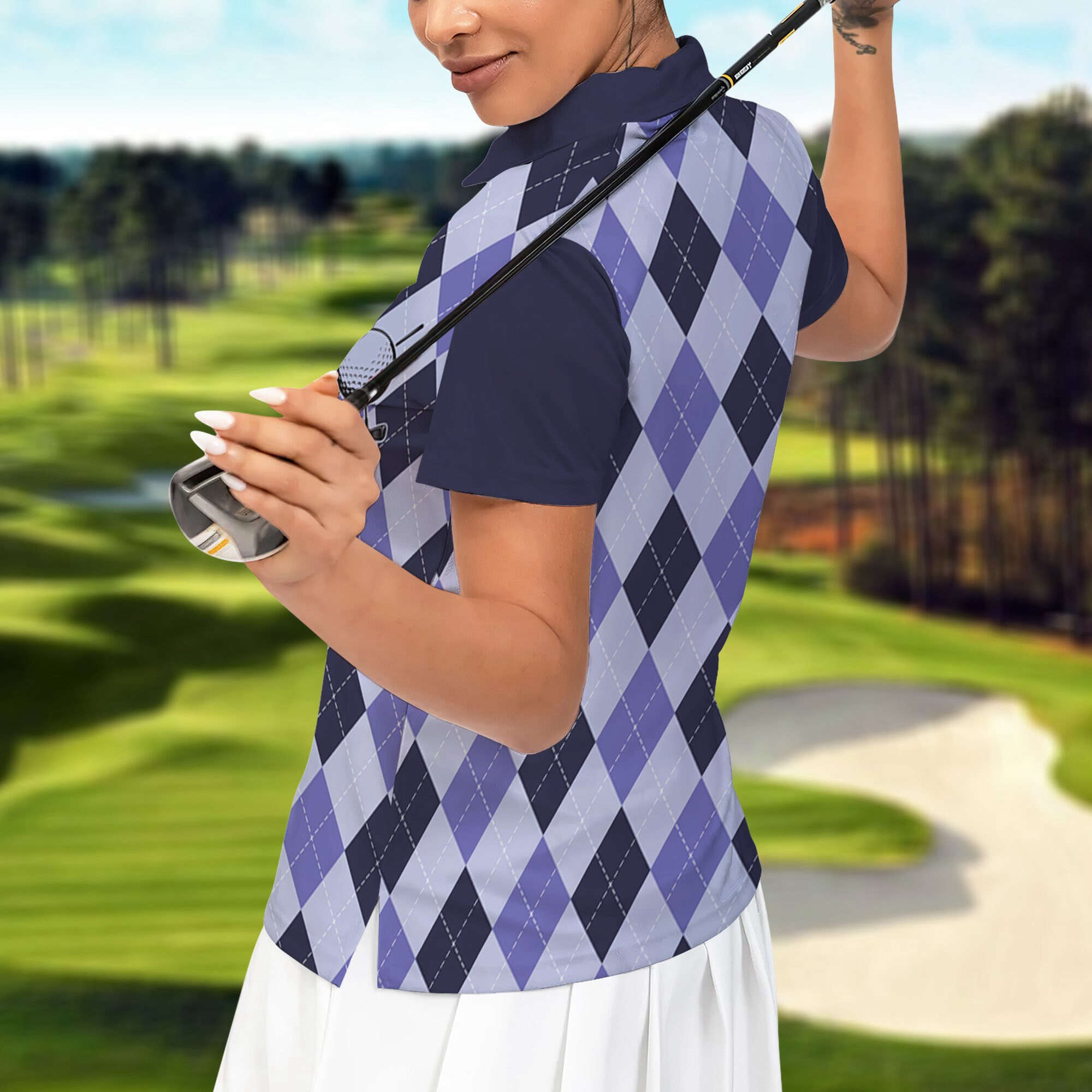 Women Purple Argyle Polo Shirt, Women Polo Shirt,  Golf Shirt For Ladies