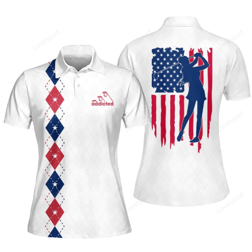 Womens Golf Polo Shirt Addicted American Flag Sleeveless Polo Shirt, Short Sleeve Polo Shirt For Women