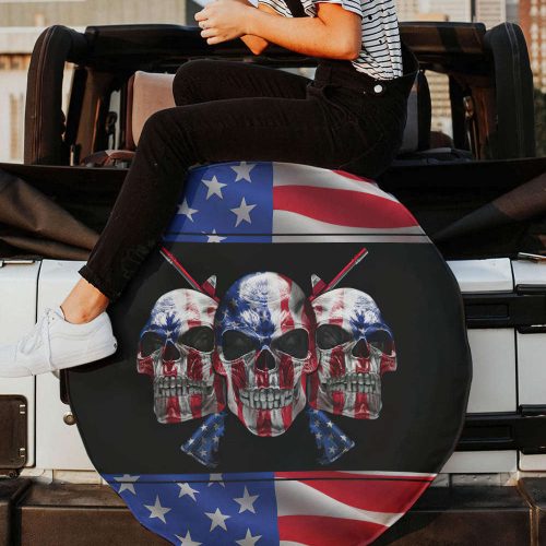Three Skulls Spare Tire Cover with American Flag