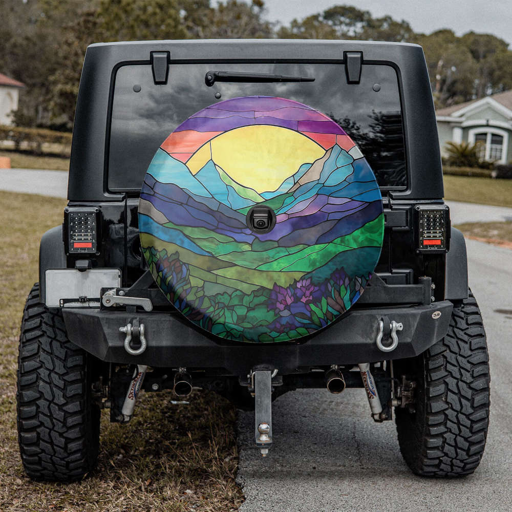 Colorful Stained Glass Mountain Valley With A Vibrant Sunset Spare Tire Cover, Gift for Car Lover, RV SUV Tire Cover, Car Accessories