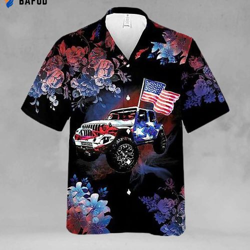 Bmw Hawaiian Shirt Dark Theme Magical Floral Pattern Jeeps And Flag Hawaiian Shirt, Hawaiian Shirt Gift, Christmas Gift