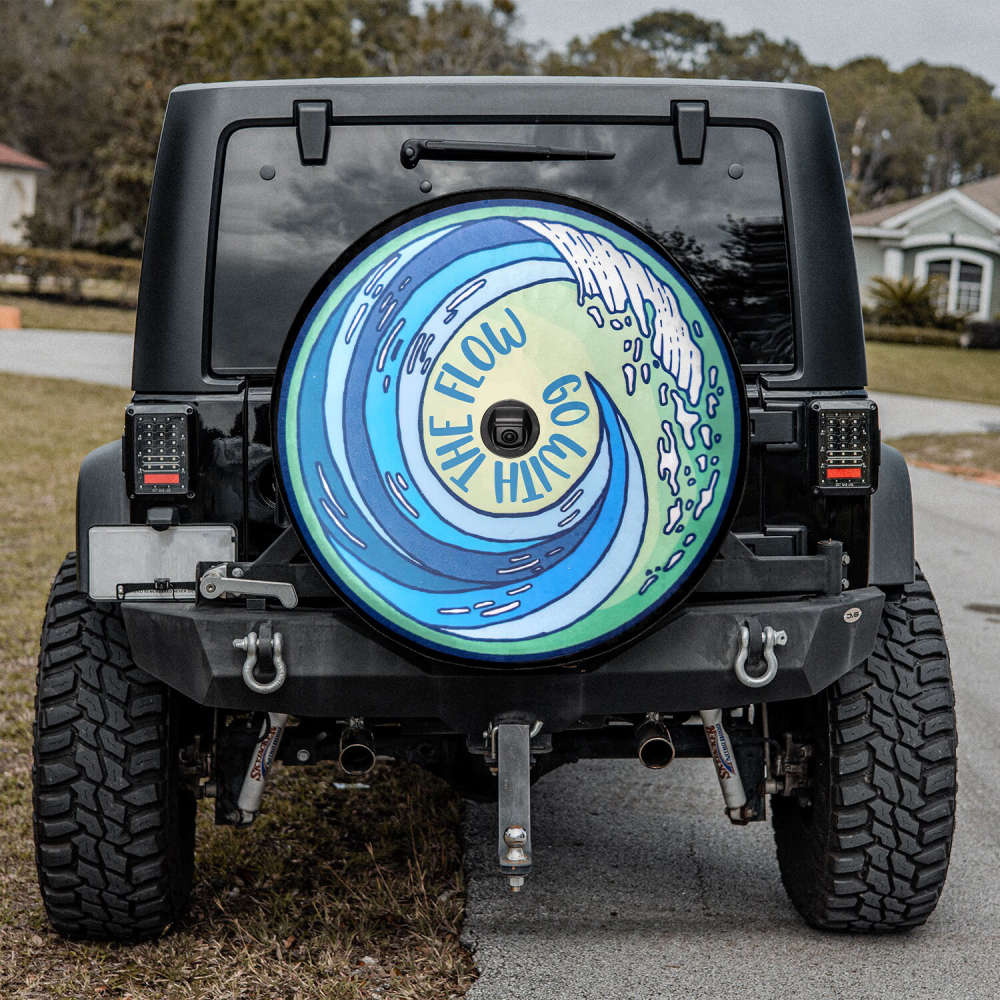 Go With The Flow Spare Tire Cover With Or Without Camera Hole, Summer Beach Tire Cover, Surf Tire Cover, Wave Tire Cover, Beach Lover Gift