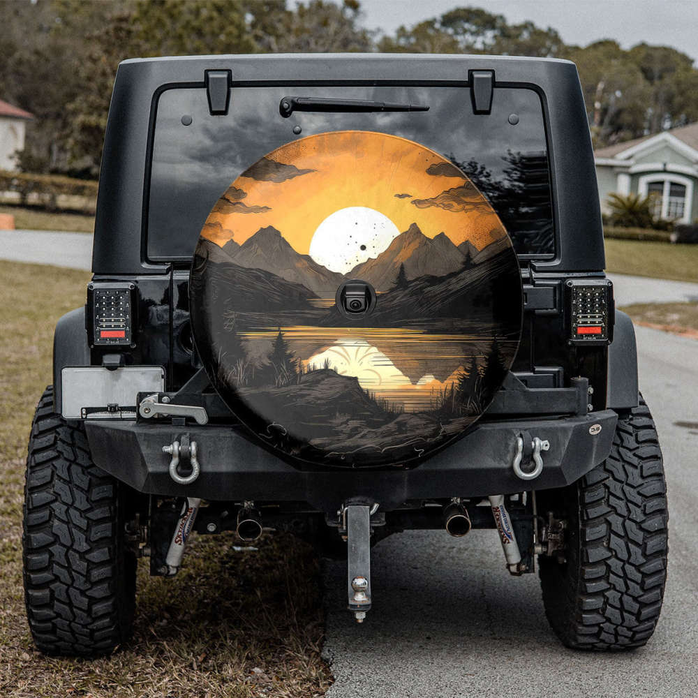 Retro Sunset Rays Wavy Spare Tire Cover With Or Without Camera Hole, Mountain Camping Spare Tire Cover, Hiking Lover, Outdoor Lover Gift