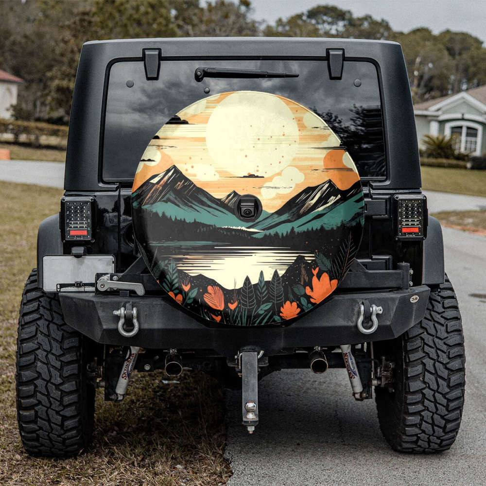 Retro Sunset Rays Wavy Spare Tire Cover With Or Without Camera Hole, Mountain Spare Tire Cover Camper, Hiking Lover, Camping Lovers Gift