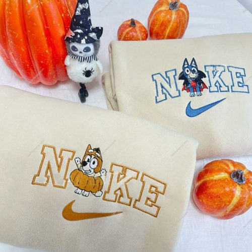 Bingo Movie Bluey In Cloak And Bingo In Pumpkin Halloween Embroidered Crewneck T-Shirt, Sweatshirt for Men Women Shirt