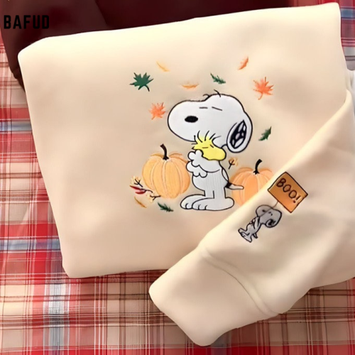 Boo Snoopy Hugging Woodstock Pumpkin Autumn Leaves Embroidered Crewneck T-Shirt, Sweatshirt for Men Women Shirt, Gift for Men Women