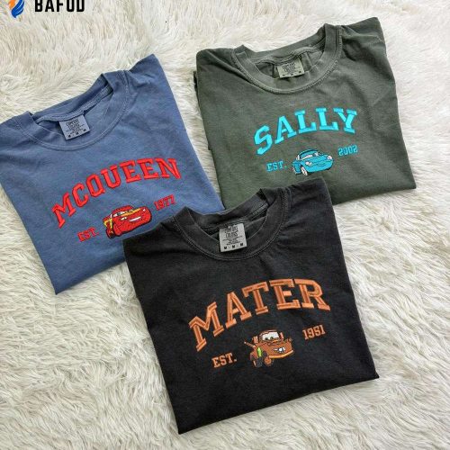 Cars Characters Embroidered Comfort Colors Tee – Mcqueen Sally Mater – Perfect Gift for Fans of Cars Movie