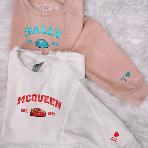 Cars Mcqueen x Sally Embroidered Sweatshirt: Trending Cartoon Couple Christmas Crewneck – Perfect Christmas Gift Cars Mcqueen x Sally Embroidered Sweatshirt: Trending Cartoon Couple Christmas Crewneck – Perfect Christmas Gift