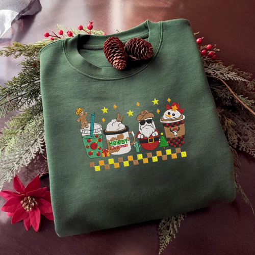 Christmas Coffee Embroidered Crewneck T-Shirt, Sweatshirt for Men Women Sweatshirt