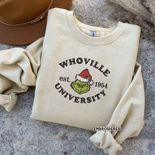 Christmas Crewneck Whoville University Embroidered Crewneck T-Shirt, Sweatshirt for Men Women Sweatshirt