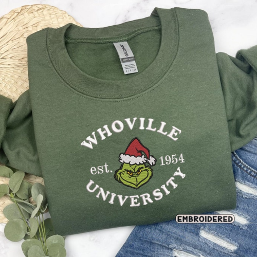Christmas Crewneck Whoville University Embroidered Crewneck T-Shirt, Sweatshirt for Men Women Sweatshirt, Gift for Men Women