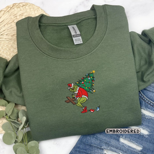 Christmas Grinches Tree Embroidered Crewneck T-Shirt, Sweatshirt for Men Women Shirt