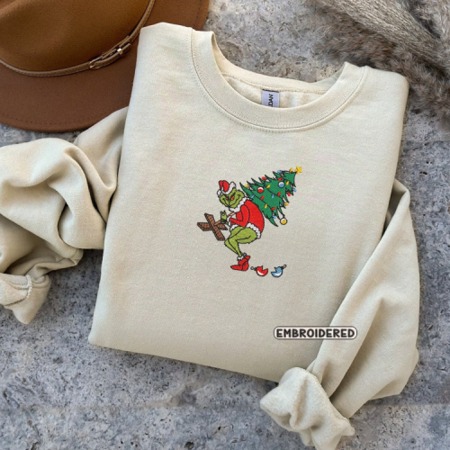 Christmas Grinches Tree Embroidered Crewneck T-Shirt, Sweatshirt for Men Women Shirt, Gift for Men Women