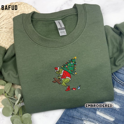 Christmas Grinches Tree Embroidered Crewneck T-Shirt, Sweatshirt for Men Women Shirt, Gift for Men Women