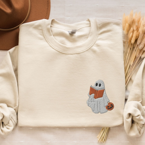 Embroidered Crewneck T-Shirt, Sweatshirt for Men Women Cute Ghost Reading Book Shirt