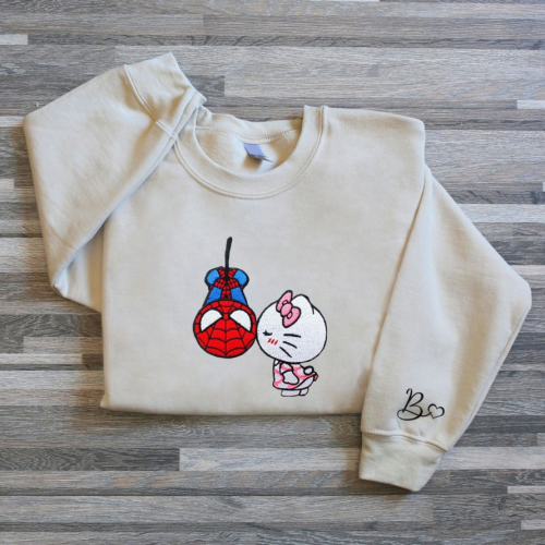 Embroidered Crewneck T-Shirt, Sweatshirt for Men Women Kitty Spiderman Couple Shirt, Gift for Men Women