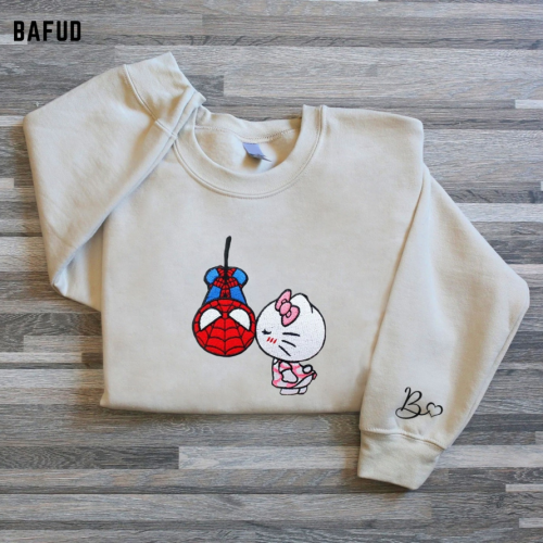 Embroidered Crewneck T-Shirt, Sweatshirt for Men Women Kitty Spiderman Couple Shirt, Gift for Men Women
