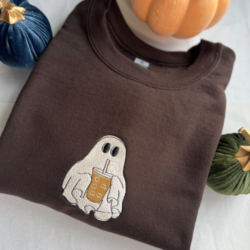 Ghost With Coffee Embroidered Crewneck T-Shirt, Sweatshirt for Men Women Sweatshirt