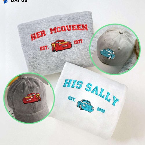 Mcqueen & Sally Combo Embroidered Shirt and Hat: Perfect Cars Movie Couple Gift for Dad and Mom Family Trip Shirt – ESHH005-006