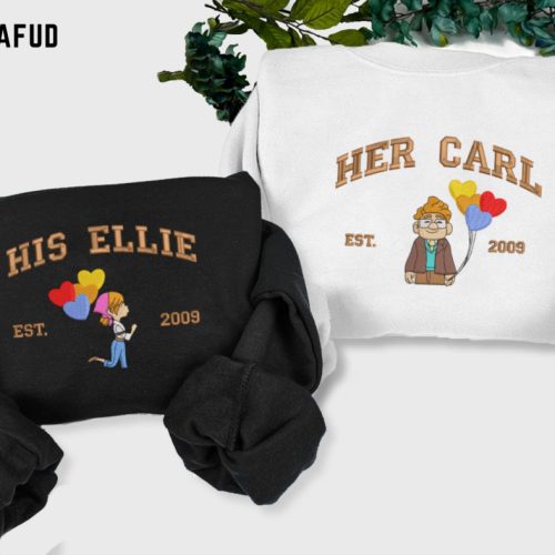 His Ellie & Her Carl Embroidered Sweatshirt – Valentine Cartoon Couple Shirt with Pink Up Balloon Design His Ellie & Her Carl Embroidered Sweatshirt – Valentine Cartoon Couple Shirt with Pink Up Balloon Design