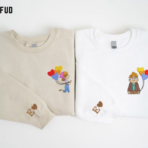 Spider Couple Embroidered Sweater – Trending Valentine Cartoon Sweatshirt EH477-478 L H C His & Her Ellie Carl Embroidered Sweatshirt: Valentine Cartoon Up Balloon Shirt Pink Valentine Balloon Couple Shirt EH486-487 L H C