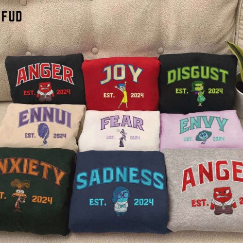 Inside Out Character Embroidered Sweatshirt: Cartoon Movie Shirt for Family Trips & Birthdays Inside Out Character Embroidered Sweatshirt: Cartoon Movie Shirt for Family Trips & Birthdays
