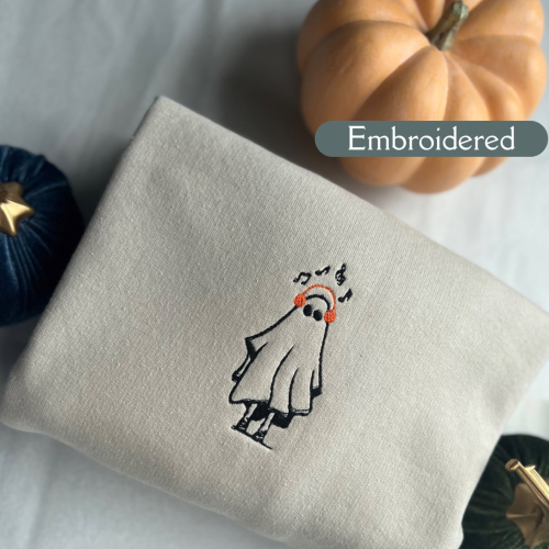 Music Ghost Embroidered Crewneck T-Shirt, Sweatshirt for Men Women Sweatshirt, Gift for Men Women