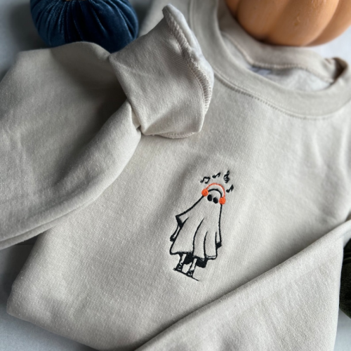 Music Ghost Embroidered Crewneck T-Shirt, Sweatshirt for Men Women Sweatshirt, Gift for Men Women