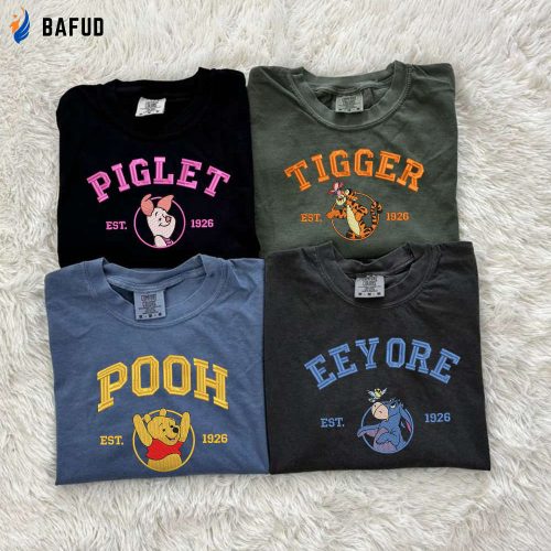 Retro Pooh and Friends Embroidered Tee: Winnie-the-Pooh Tigger Piglet Eeyore Cartoon Shirt – Perfect Gift for Friends EH364-ESH122 Retro Pooh and Friends Embroidered Tee: Winnie-the-Pooh Tigger Piglet Eeyore Cartoon Shirt – Perfect Gift for Friends EH364-ESH122