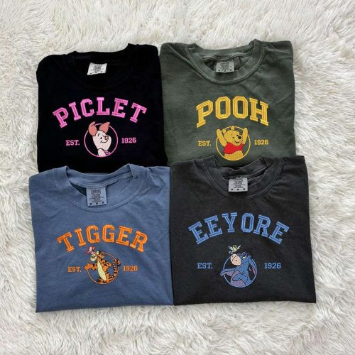 Retro Pooh & Friends Embroidered Tee: Winnie-the-Pooh Tigger Piglet Eeyore Cartoon Shirt – Perfect Gift for Friends EH364-ESH122