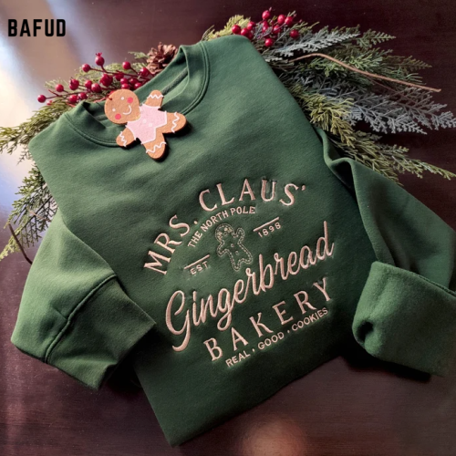 Santa Claus Gingerbread Bakery Embroidered Crewneck T-Shirt, Sweatshirt for Men Women Sweatshirt, Gift for Men Women