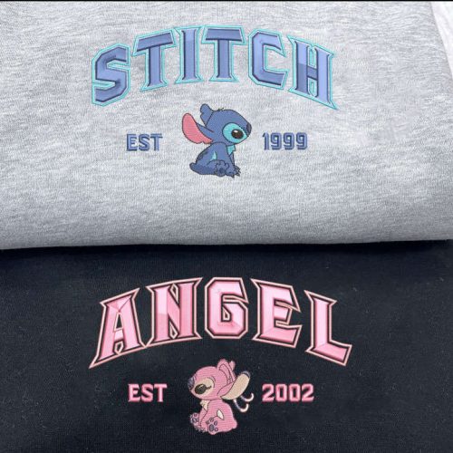 Trending Stitch and Angel Couple Sweater: Cartoon Embroidered Sweatshirts Vintage Crewneck and Embroidery Hoodie Trending Stitch and Angel Couple Sweater: Cartoon Embroidered Sweatshirts Vintage Crewneck and Embroidery Hoodie