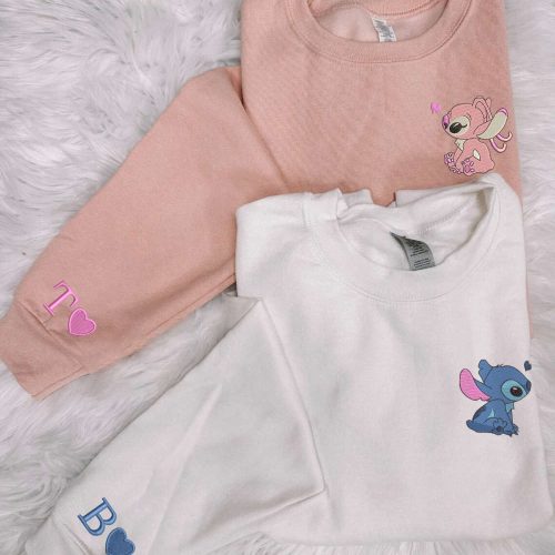 Stitch and Angel Embroidered Sweatshirt: Couple Cartoon Shirt for Valentine s Day EH343-344 L H C Stitch and Angel Embroidered Sweatshirt: Couple Cartoon Shirt for Valentine s Day EH343-344 L H C