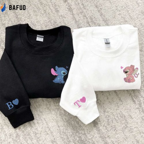 Stitch and Angel Embroidered Sweatshirt: Couple Cartoon Shirt for Valentine s Day EH343-344 L H C Stitch and Angel Embroidered Sweatshirt: Couple Cartoon Shirt for Valentine s Day EH343-344 L H C