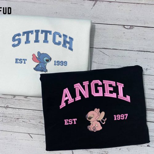 Walle Eve Couple Embroidered Sweater: Trending Vintage Cartoon Sweatshirts for Valentine Unique Crewneck Stitch and Angel Embroidered Sweatshirt - Couple Cartoon Shirt for Valentine Gift with Unique Valentine Embroidery Designs