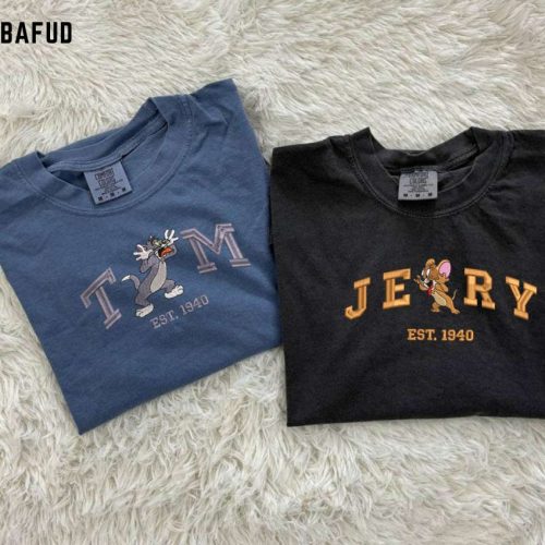 Tom and Jerry Embroidered Comfort Colors Tee – Perfect Gift for Tom and Jerry Fans