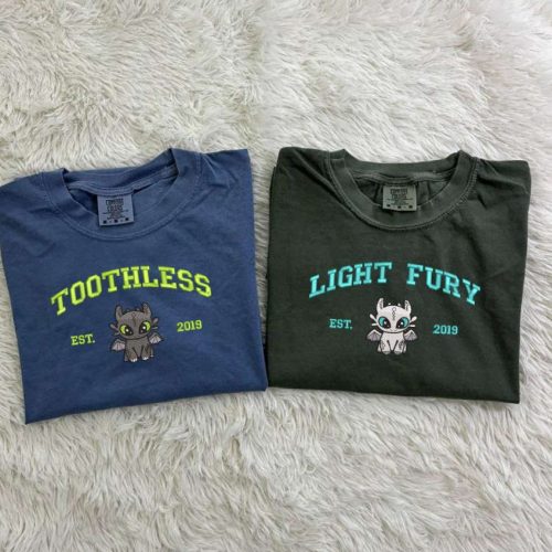 Toothless & Light Fury Dragon Couple Shirt: How To Train Your Dragon Tee Embroidered Comfort Colors Couple Gift EH361-362 Toothless & Light Fury Dragon Couple Shirt: How To Train Your Dragon Tee Embroidered Comfort Colors Couple Gift EH361-362