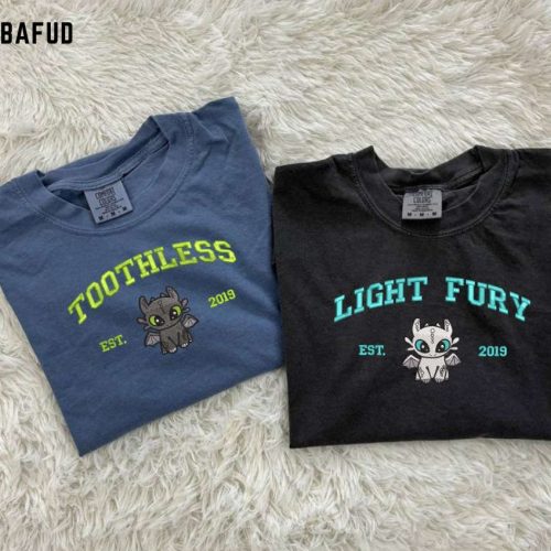 Toothless & Light Fury Dragon Couple Shirt How To Train Your Dragon Tee Embroidered Comfort Colors Couple Gift EH361-362