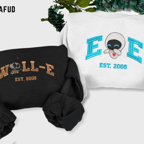 Vintage Mcqueen and Sally Embroidered Sweatshirts: Trending Cars Couple Sweater Mater Shirts Crewneck & Embroidery Hoodie Walle Eve Couple Embroidered Sweater - Trending Cartoon Sweatshirts & Vintage Crewneck Perfect Valentine s Gift ECL228-229