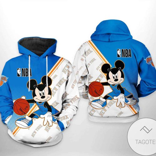 NBA New York Knicks White Blue Half Mickey Pullover Hoodie AOP Shirt